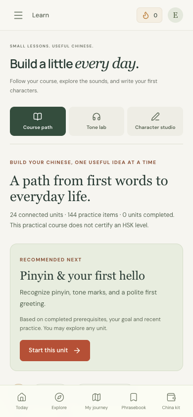 Nali course screen showing connected lessons, tone practice and a recommended first unit